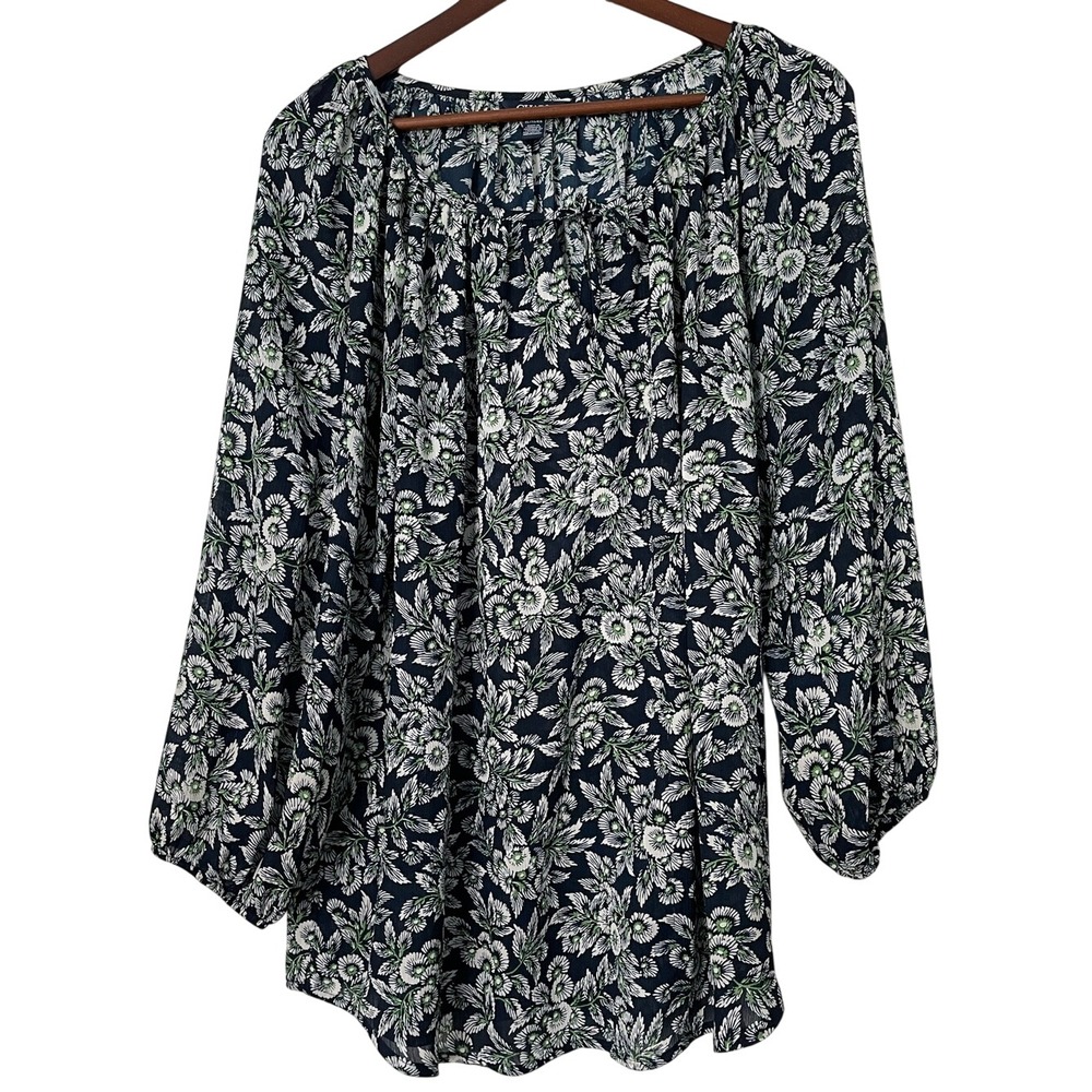 Chaps Women XL Floral Peasant Blouse Navy Tie Neck Long Sleeve Boho Flowy Top